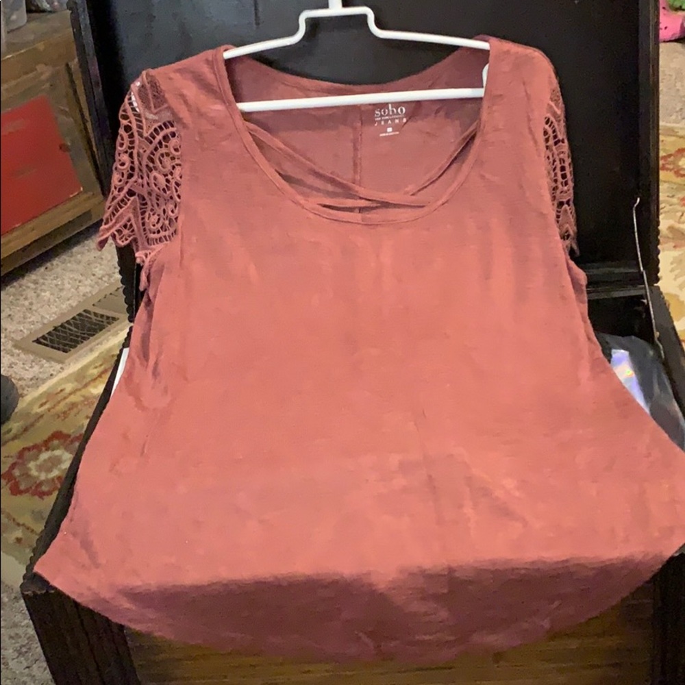 Cocoa colored lace crocheted sleeve blouse